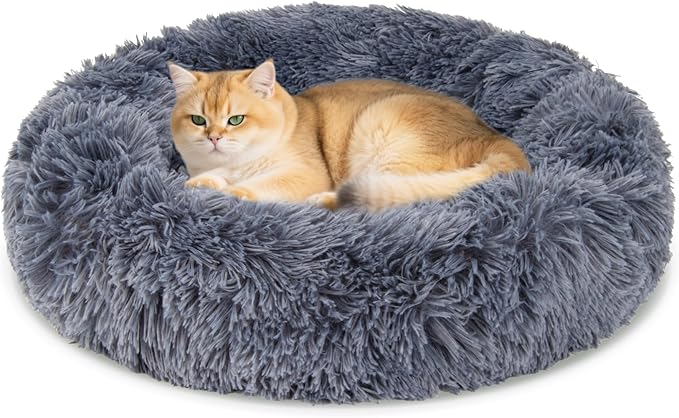 Cat Bed - Calming Cat Bed for Small Kittens Donut Washable Round for Indoor Kittens and Puppies, Anti-Slip Round Fluffy Plush Faux Fur,Large, Dark Blue