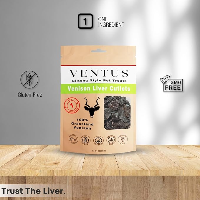 VENTUS Dog Training Treats - Single Ingredient Venison Jerky Liver Treats, All Natural, Air Dried, Low Fat, High Value Training Treats for Dogs, Organic, 8 oz