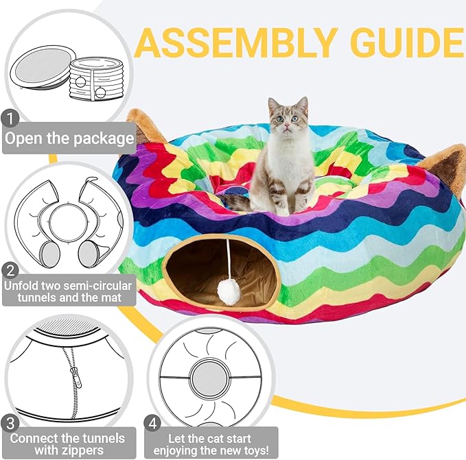 LUCKITTY Large Cat Tunnel Bed Under Christmas Tree with Fluffy Toy Balls, Small Cushion and Flexible Design- 10 inch Diameter, 3 ft Length- Great for Cats, and Small Dogs, Rainbow Wave Color