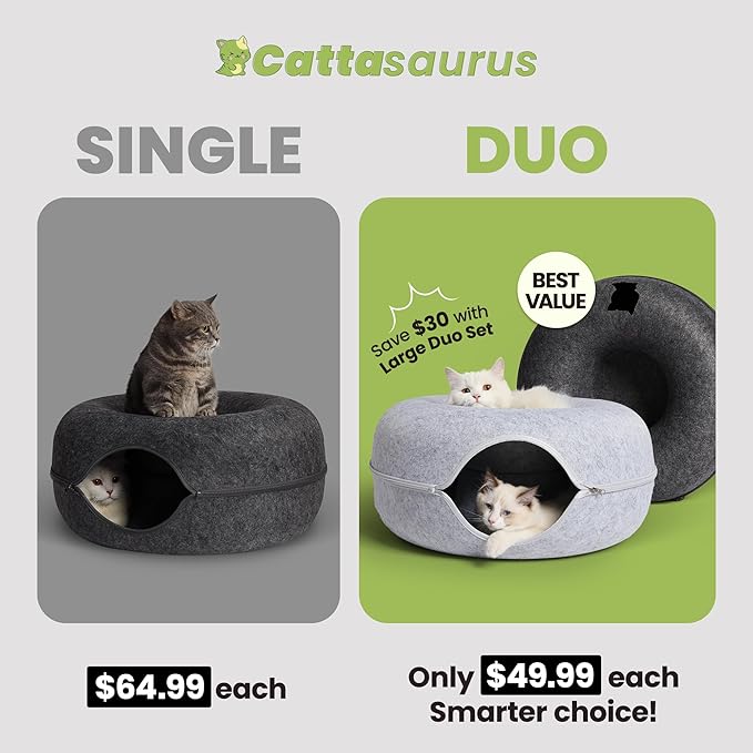 CATTASAURUS Peekaboo Cat Cave for Multiple & Large Cats Up to 30-45 Lbs, Scratch Detachable & Washable Tunnel Bed, Comfy Donut Cat Cave (Light Gray + Dark Gray, Large)