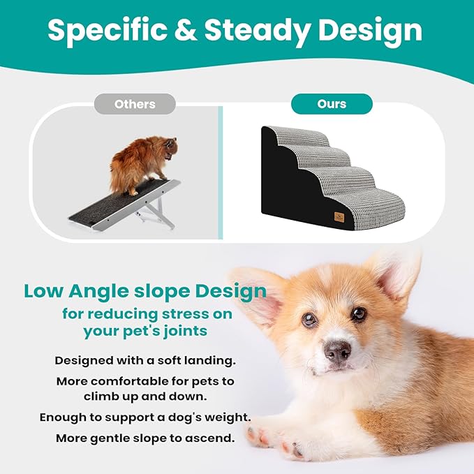 Dog Stairs for Small Dogs, 20.5" H 4 Step Curved Dog Ramp for High Bed and Couch, Foam Dog Ramp with Durable Non-Slip Waterproof Fabric Cover, Pet Stairs for Pets Joints, Light Grey