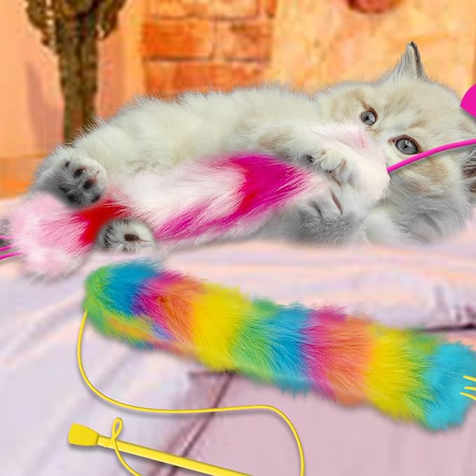 2 Pack Cat Wand Toy, Rainbow Cat Feather Toys with Bells, Teaser Wand with Soft Furry Tail, Interactive Toys for Indoor Cats & Kitten & Kitty