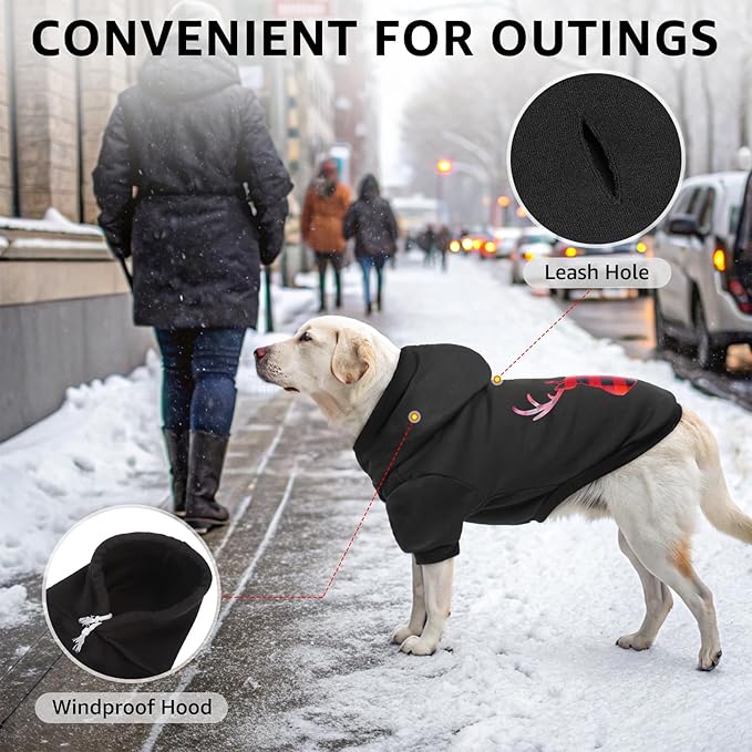 SCENEREAL Christmas Dog Hoodie with Leash Hole, Warm & Soft Fleece Pet Sweater & Sweatshirt for Small Medium Large Dogs, Xmas Elk Print Pets Clothes Cold Weather Costume, XL