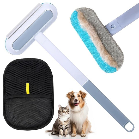 Pet Hair Remover - Pet Hair Removal Glove, 4 in 1- Reusable Hair Remover Brush with 17inch Long Handle, Electrostatic Gloves Pet hair for Furniture, Couch, Carpet