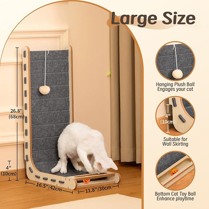 L Shaped Cat Scratcher with Ball Toy Felt Standing Cat Scratching Board for Indoor Cats Adults Vertical Scratch Pad Furniture Protector Kitten Toys 26.8 Inch-Grey