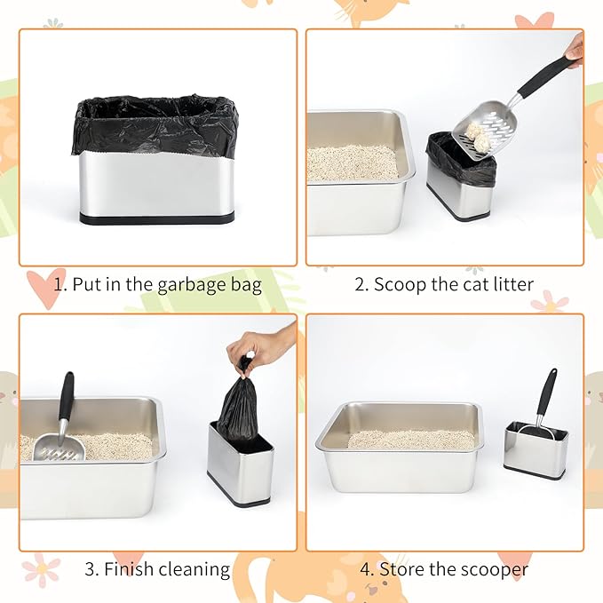 Heavy-Duty Cat Litter Scoop with Holder, Metal Cat Scooper Holder Trash Container, Aluminum Kitty Poop Sifting Shovel Captures All Clumps, Speed Sifter Litter Box Scooper with Cats Caddy