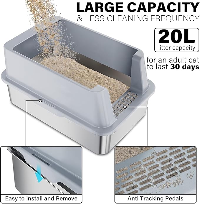 2 Pack Stainless Steel Litter Box, XL Extra Large Cat Litter Boxes for Big Cats, Metal Litter Box with High Sided Lid, Anti-Urine Leakage, Never Absorbs Odors, Easy Cleaning, Non-Stick, Include Scoop