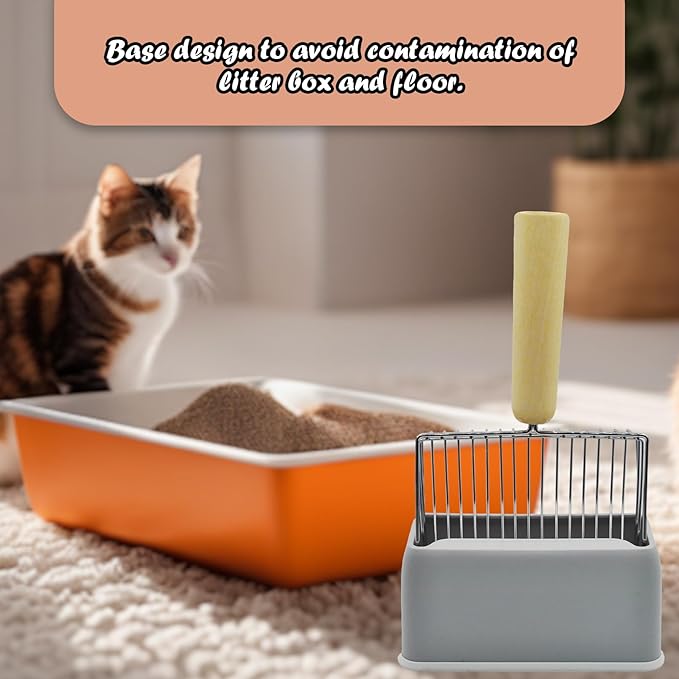 Metal Cat Litter Scooper with Holder,Stainless Steel Litter Scooper with Holder Heavy-Duty Cat Scoop Non-Stick Kitten Poop Deep Shovel for Kitty Box (Grey)