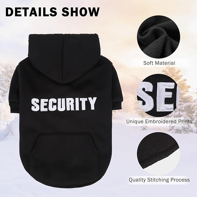 SCENEREAL Security Dog Hoodie Sweater for Large Medium Small Dogs, Embroidered Dog Clothes with Hat Pockets and Leash Hole, Soft Warm Fleece Pets Cold Weather Halloween Costumes for Boys Girls