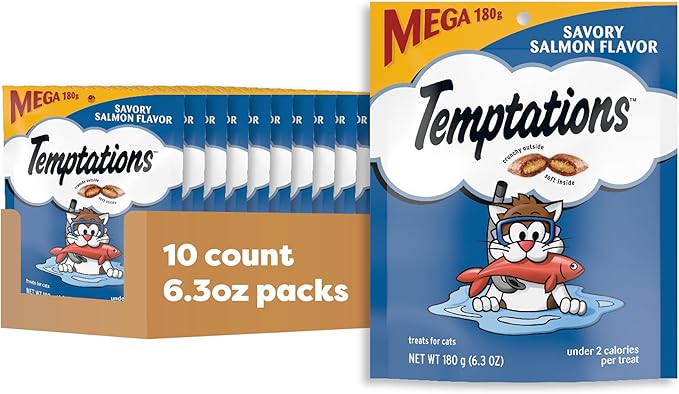 Temptations Classic Crunchy and Soft Cat Treats, Savory Salmon Flavor, 6.3 oz. Pouch (Pack of 10)