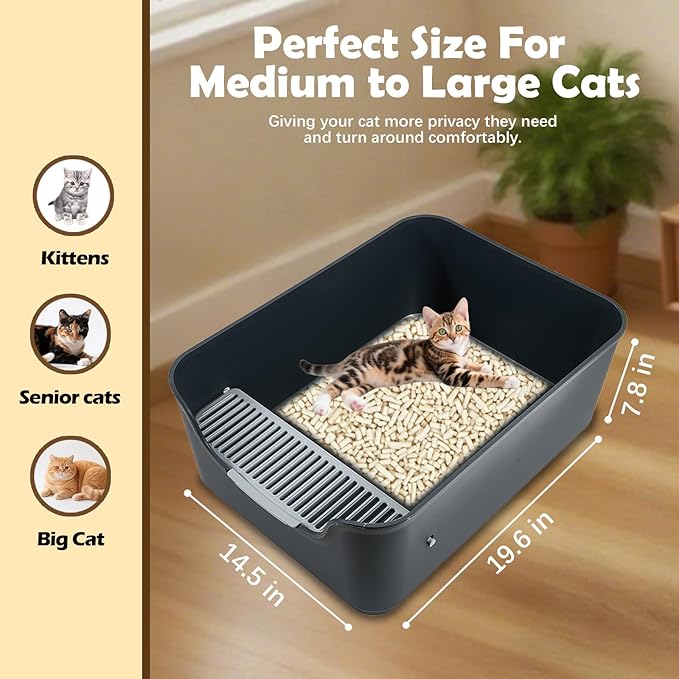 Large Cat Litter Box with High Sides and Low Entry,Open Top Litter Pan with Litter Trapping Pedal for Indoor Big Cats,Kittens and Multicat Homes,Easy to Clean,Anti-Urine Leakage (White)