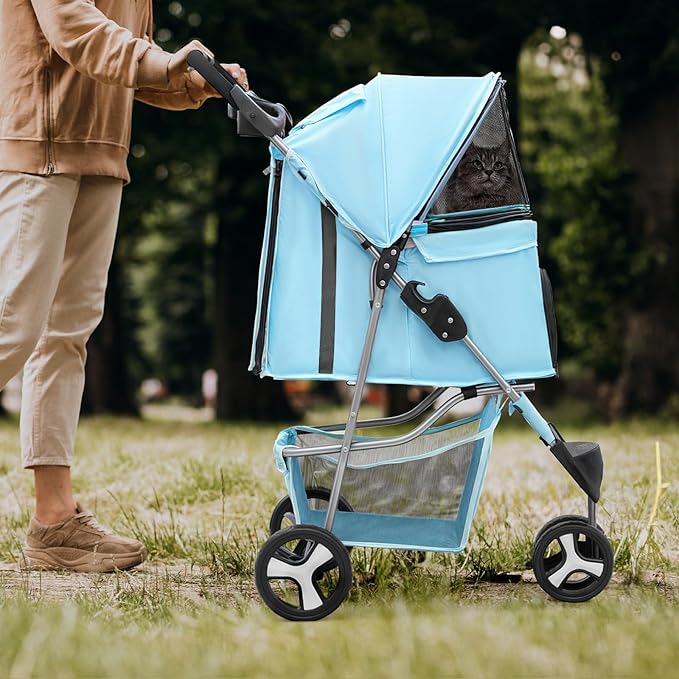 Magshion 3-Wheel Pet Stroller, Foldable Travel Jogger for Small & Medium Dogs & Cats (Up to 33lbs), Lightweight Carrier with Breathable Mesh Cover, Cup Holder & Storage Basket, Mint Green