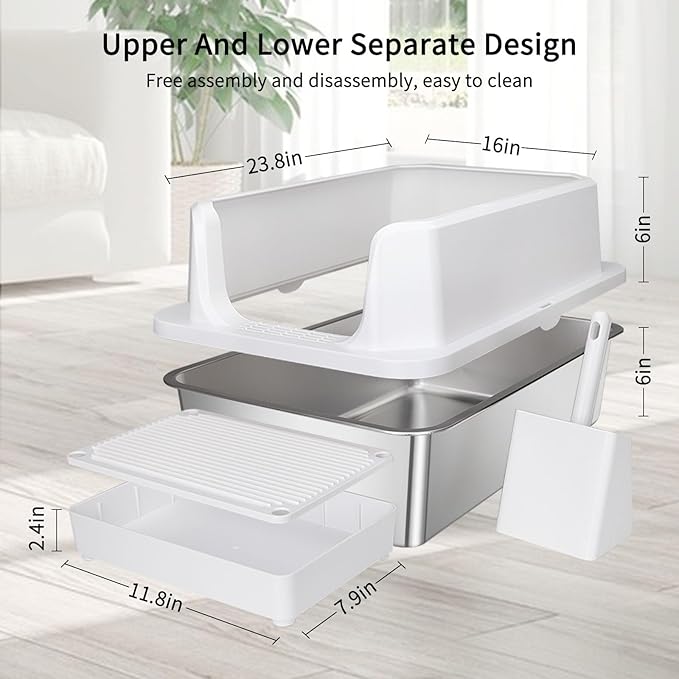 RIZZARI Large Stainless Steel Cat Litter Box: White Open Top Leak-Proof Large Cat Pan - Odor Control for Multi-Cat Homes - Living Room Balcony Use