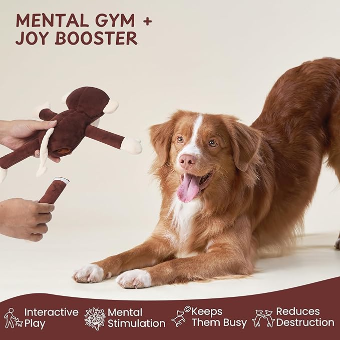 Nocciola Tearable Pull Rip Apart Monkey Dog Toy with Squeaker & Crinkle - Interactive Stuffed Plush Toy to Keep Dogs Busy, Pet Puzzle Enrichment Chew Toys for Small Medium Large Breeds