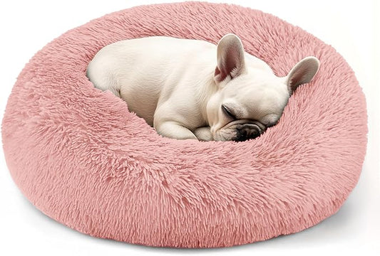 Dogs Bed for Small Dogs, Anti-Anxiety Washable Round Bed (Pink, 24.0" L x 24.0" W x 8.0" Th)