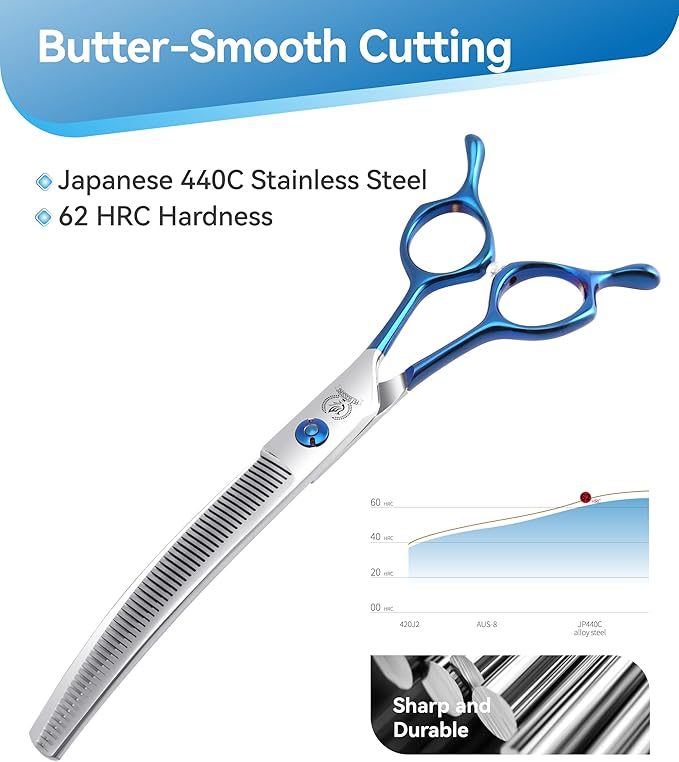 Fenice Peak Curved Thinning Shears Dog Grooming with Coating 440C Stainless Steel, 7 inch Professional Thinning Shears for Dogs，25 Degree of Curved Blade，Durable Smooth Motion & Cut for Dogs and Cats