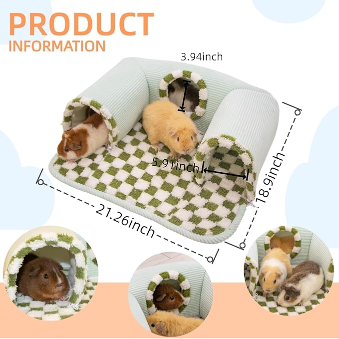 Guinea Pig Hideout Tunnel with Warm Bed for Small Pet 3 Cave Small Animal Tunnel Toy Cages Green