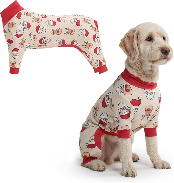 Spark Paws Dog Christmas Pajama, Dog Recovery Suit Male, Onesie, Ultra-Soft and 4-Way Stretch, for Small Medium and Large Breeds - Santa and Rudolph - 2XL