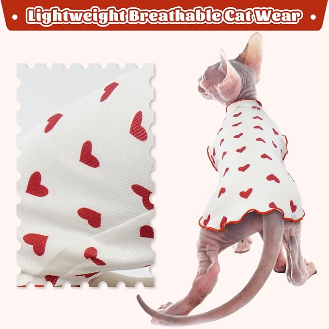 DENTRUN Heart Pattern Sphynx Hairless Cats Shirt, Kitten T-Shirts with Perlin Sleeves, Breathable Cat Wear Cute Sweater Adorable Hairless Cat's Clothes Vest Pajamas Jumpsuit