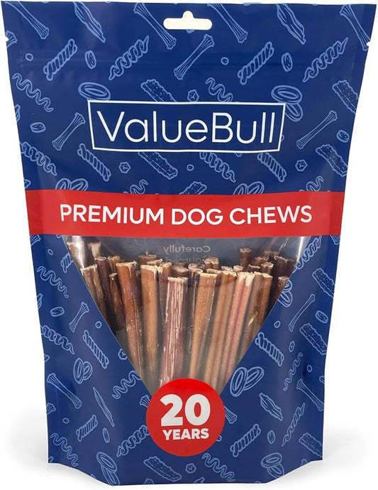 ValueBull Bully Sticks for Small Dogs, Extra Thin 6 Inch, 50 Count - All Natural, Grass Fed, Single Ingredient, Long Lasting Dog Treats