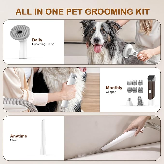 Dog Grooming Vacuum, Dog Grooming Kit with Pet Clipper Nail Grinder, 3 Suction Modes Dog Brush Vacuum with 6 Pet Grooming Tools (Brown)