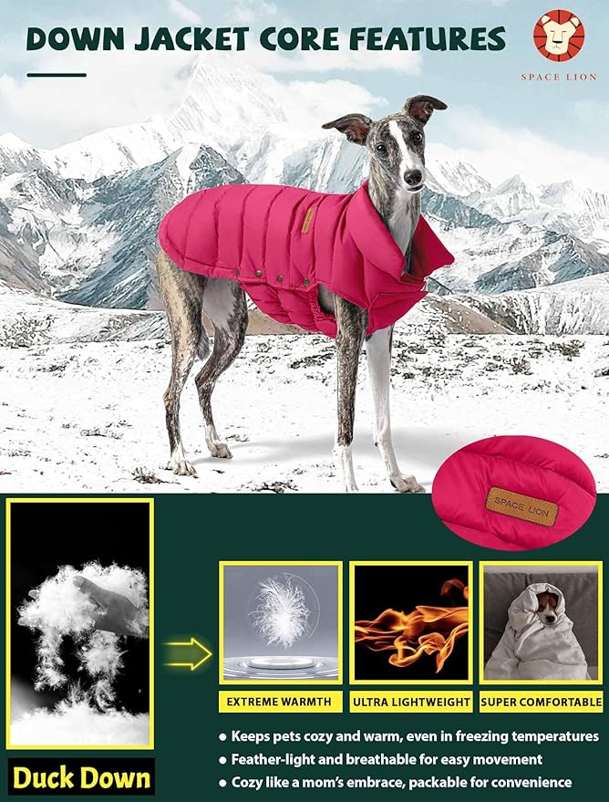 SPACE LION Puffer Jacket, Down Winter Coat, Durable Outdoor Coat for Cold and Windy Conditions, Waterproof, Windproof, Lightweight Jacket, Adjustable Fit for Medium, Large Dogs(Red,XL)