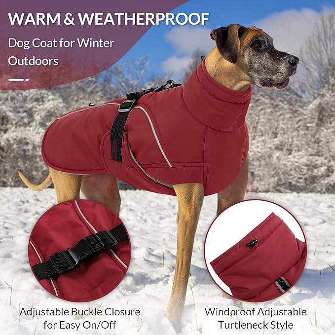Queenmore XL Dog Coat, Winter Dog Jacket for Large Dogs, Waterproof Puffy Dog Snowsuit, Adjustable Reflective Fleece Lining Warm Padding Parka for Cold Weather, Red XL