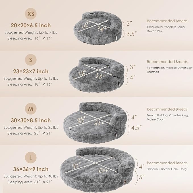 EHEYCIGA Small Dog Bed and Cat Couch for Puppy and Kitten - Fluffy Faux Rabbit Fur Pet Sofa with Washable Removable Cover, Waterproof and Non-Slip, 23 Inch Grey