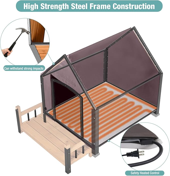 Insulated Dog House with Heating Pad, Weatherproof Outdoor Kennel for Large Dogs, Chew-Resistant Iron Frame & Asphalt Roof (Wood-H, L)