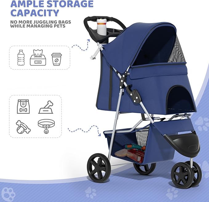 Magshion 3-Wheel Pet Stroller, Foldable Travel Jogger for Small & Medium Dogs & Cats (Up to 33lbs), Lightweight Carrier with Breathable Mesh Cover, Cup Holder & Storage Basket, Navy Blue