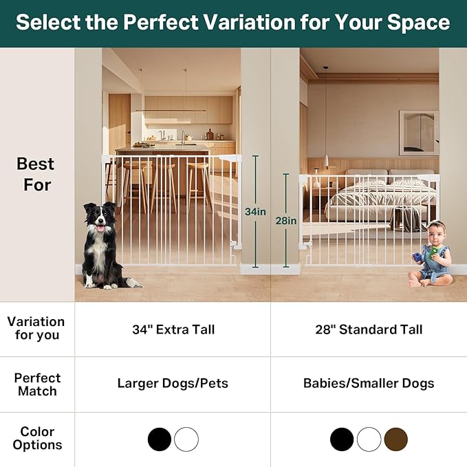 Cumbor 34" Extra Tall No Bottom Bar Baby Gate for Stairs, Wall Mounted Dog Gate Indoor for Larger Pets, Expandable 29.2-43" Safety Gate for Doorways, Wide Walk Thru Door for Easy Access (White)
