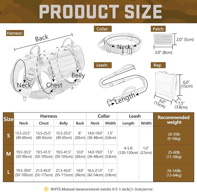 Forestpaw Tactical Dog Harness for Large Dogs,Tactical Dog Collar with Bungee Leash Set,No Pull Military Dog Harness for Walking Training,Adjustable for Medium Large Dogs,Khaki,Chest 19.5-41.5"