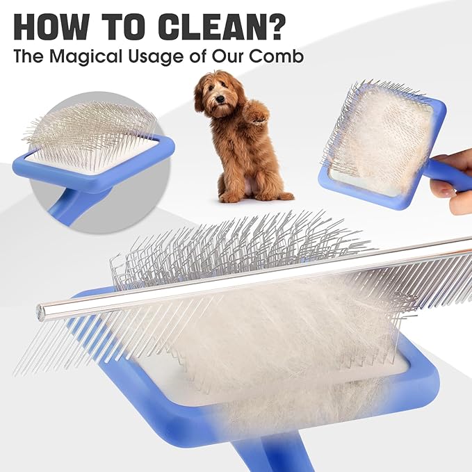Dog Slicker Brush for Dogs Grooming Kit 4PCS | Large Dog Brush for Goldendoodles Poodles Doodles | Long Pin Haired Brush | Poodle Brushes and Comb (Blue)