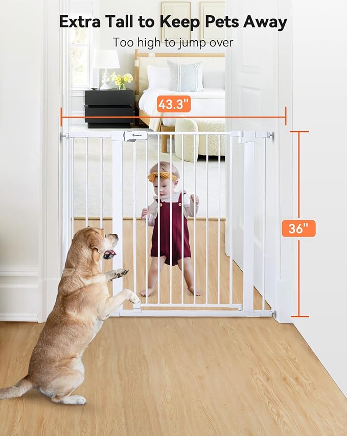 COMOMY 36" Extra Tall Baby Gate for Stairs Doorways, Fits Openings 29.5" to 43.3" Wide, Auto Close Sturdy Safety Dog Gate for House, Pressure Mounted Easy Walk Through Pet Gate with Door, White