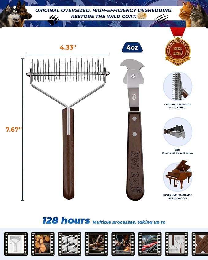 Extra Large 2-Sided Undercoat Rake for Dogs & Cats, Dog Brush for Shedding Remove Mats, Dematting Comb, Safe & Gentle Grooming Brush for German Shepherds Medium to Long-Haired Pets (Walnut Handle)