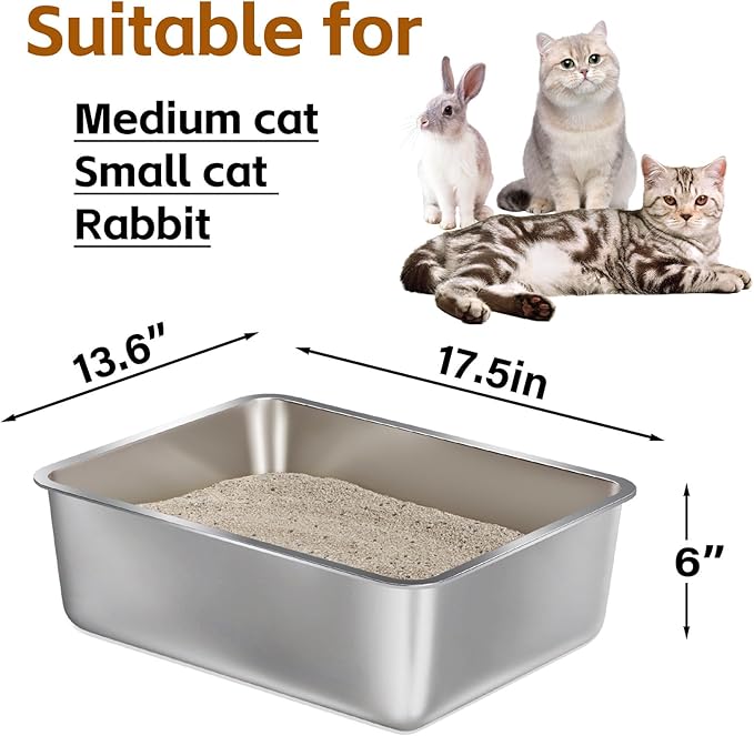 Stainless Steel Litter Box -6in High Side,Metal Litter Box for Cat/Kitty/Rabbits 17" L x 13.8" W x 6" H，Stainless Steel Cat LitterBox-Metal PanToilet,No Smell, Non Stick, Easy Clean.