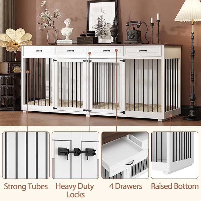 Extra Large Dog Crate, 86.6" Heavy Duty Wooden Dog Cage Furniture Dog Crate Kennel with Drawers & Removable Divider,Indoor Luxury Dog House with Double Rooms for XL L Breed Dogs, White