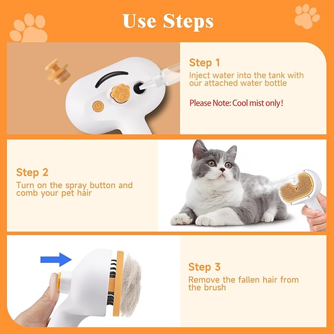 Steam Brush for Dog & Cat – 3-in-1 Pet Spray Hair Removal Comb – Pet Grooming & Shedding Steam – Includes Waterless Shampoo – Water Brush for Long & Short Haired Pets – Defur Spritz Comb