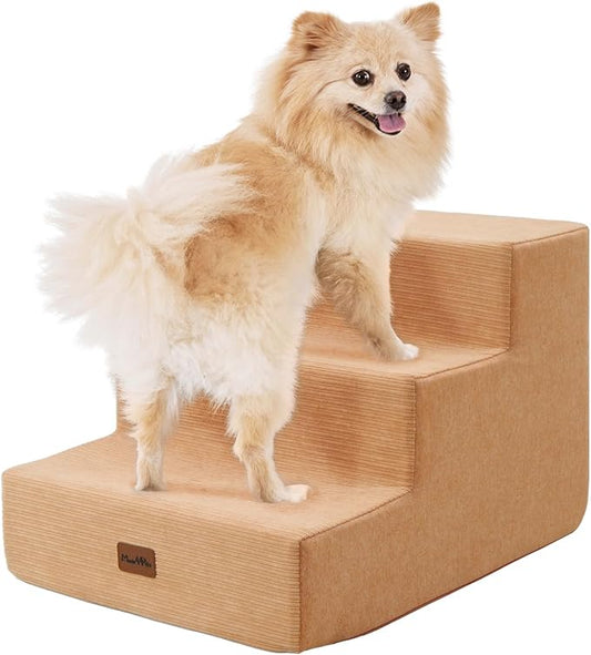Made4Pets Dog Stairs for Small Dogs, Extra Wide Dog Steps for Bed Couch Sofa and Chair, 35D Foam Pet Steps for Small Dogs and Cats(Up to 40lbs), Non-Slip Bottom Pet Stairs, Tan, 3 Steps