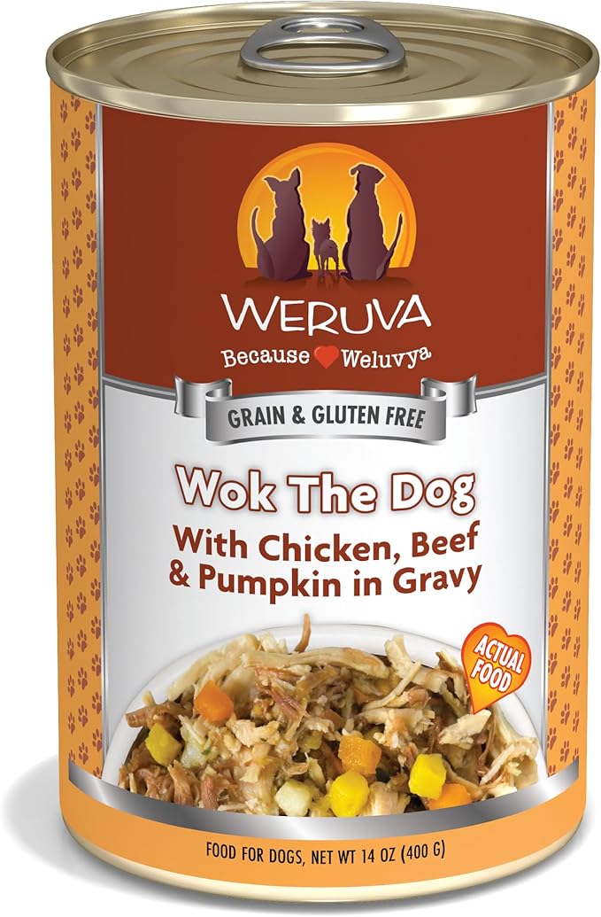 Weruva Classic Dog Food, Wok The Dog with Chicken Breast, Beef & Pumpkin in Gravy, 14oz Can (Pack of 12), Brown