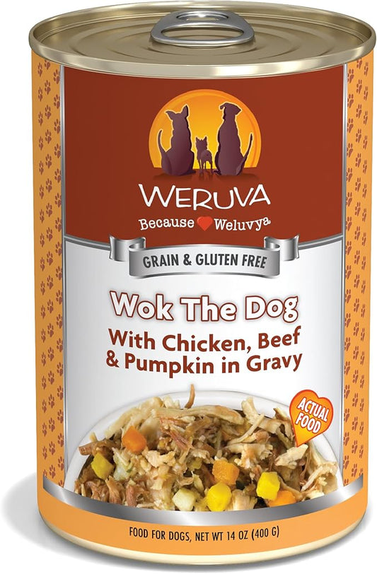 Weruva Classic Dog Food, Wok The Dog with Chicken Breast, Beef & Pumpkin in Gravy, 14oz Can (Pack of 12), Brown