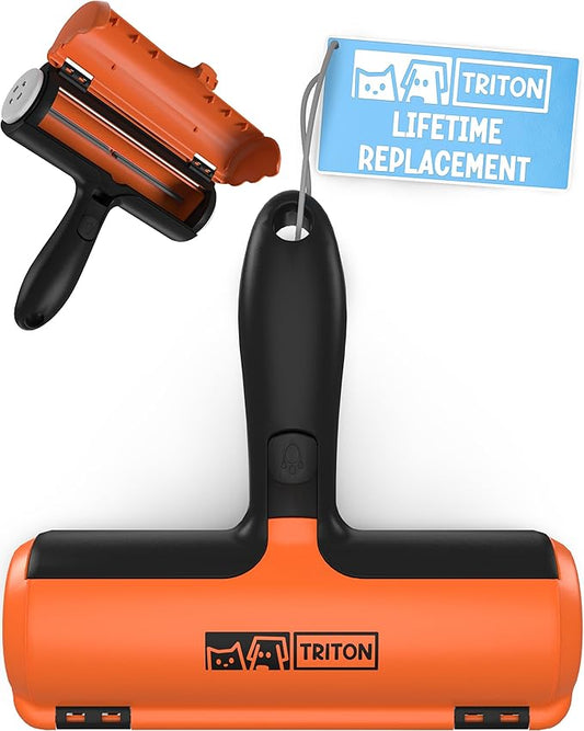 Triton Pet Hair Remover w/Fur Trapping Compartment - Easy to Use Pet Hair Removal Tool - Detachable Handle Cat & Dog Hair Remover for Car, Furniture, Clothes, Couch - Reusable Lint Roller (Orange)