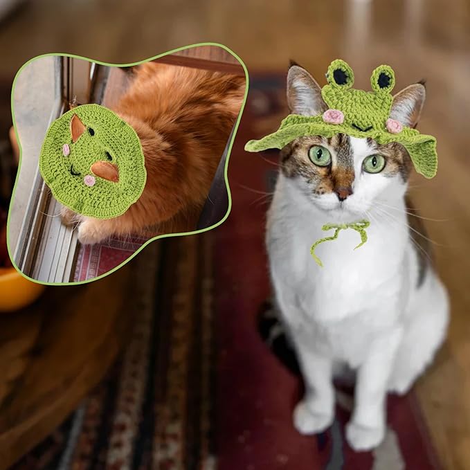 Frog Cat Hats, Cotton Cat Clothes, Cute Themed Knit Cats Bonnet for Costumes, Halloween, Christmas, Holiday Party