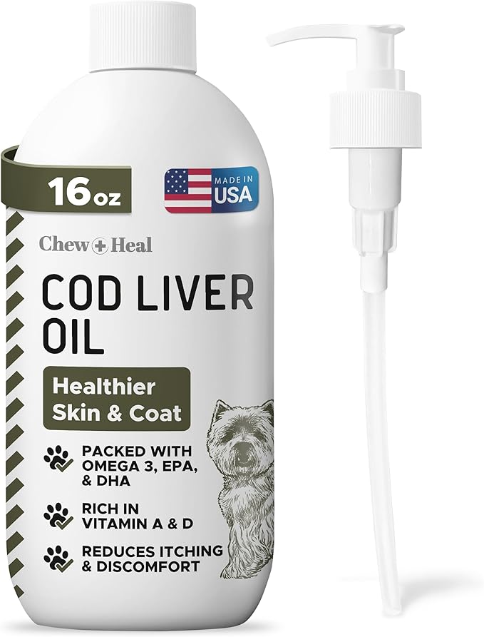 Pure Cod Liver Oil for Dogs - 16 oz - Contains Omega 3, Omega 6, Vitamin A, and Vitamin D to Reduce Itching and Promote Skin and Coat, Heart, Joint, and Immune Health - Pump Cap Bottle