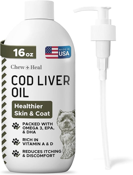 Pure Cod Liver Oil for Dogs - 16 oz - Contains Omega 3, Omega 6, Vitamin A, and Vitamin D to Reduce Itching and Promote Skin and Coat, Heart, Joint, and Immune Health - Pump Cap Bottle