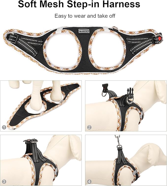 Mercano Soft Mesh Dog Harness and Leash Set, No-Chock Step-in Reflective Breathable Lightweight Easy Walk Vest Harnesses with Safety Buckle for Small Dogs, Cats (Black Yellow, XS)