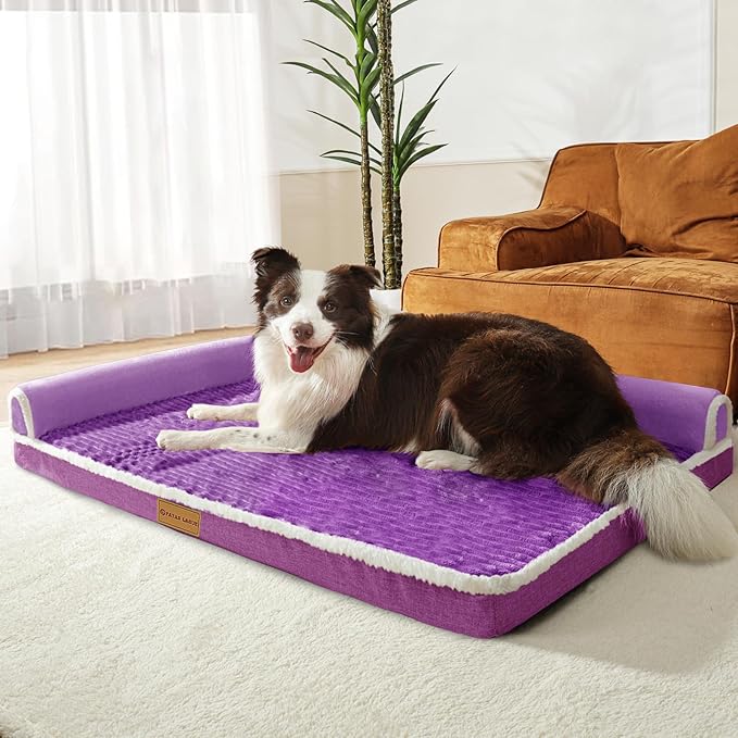 Patas Lague Orthopedic Jumbo Dog Bed Large Sized Dog 56''X40'', Waterproof Comfortable L Bolster Jumbo Non-Slip Soft Warm Pet Crate Bed Sleep Sofa mat with Removable Washable Cover, Purple