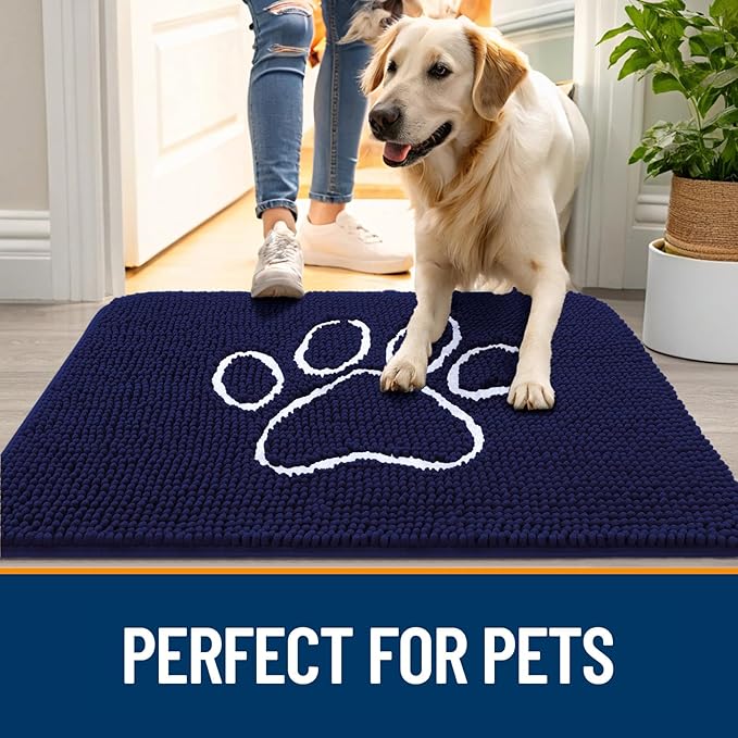 OLANLY Dog Door Mat for Muddy Paws 47x32, Paw Print Design, Absorbs Moisture and Dirt, Absorbent Non-Slip Washable Doormat, Quick Dry Chenille Mud Mat for Dogs, Entry Indoor Entryway Carpet, Navy Blue