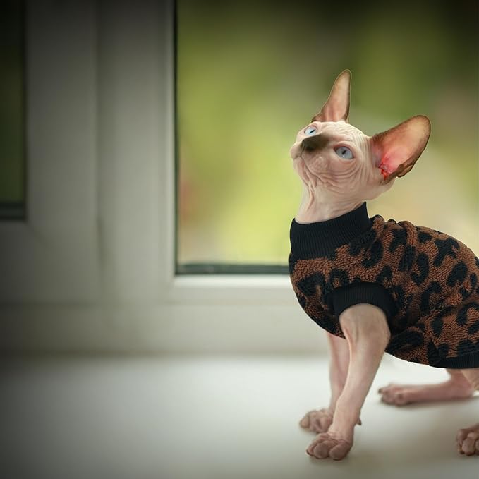 PUMYPOREITY Winter Warm Cat Sweater with Stretch Ribbed Collar & Cuffs, Snug & Secure Fit with Soft Plush Fleece, Easy-On Cat Sweatshirt for Indoor/Outdoor Use,Brown, M