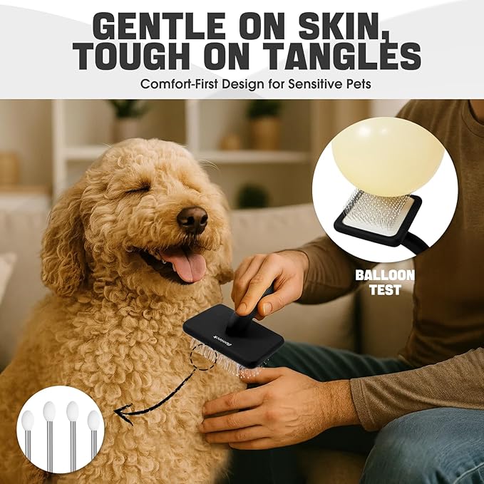 Dog Slicker Brush for Dogs Grooming Kit 4PCS | Large Dog Brush for Goldendoodles Poodles Doodles | Long Pin Haired Brush | Poodle Brushes and Comb (Black)